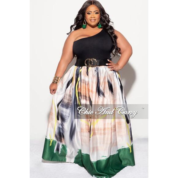 Nuuts Abstract Print Satin A-Line Flare Maxi Skirt w/ Pocket Multicolor Size 2XL